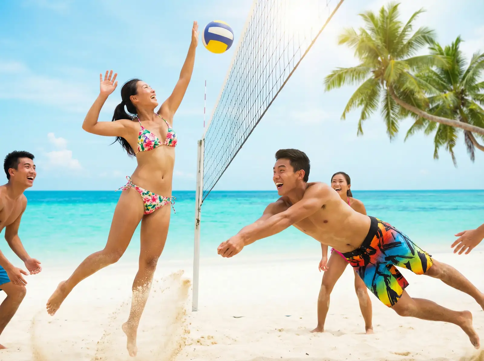 爱情岛论坛路线一二号路线 嘉宾们在沙滩上打排球